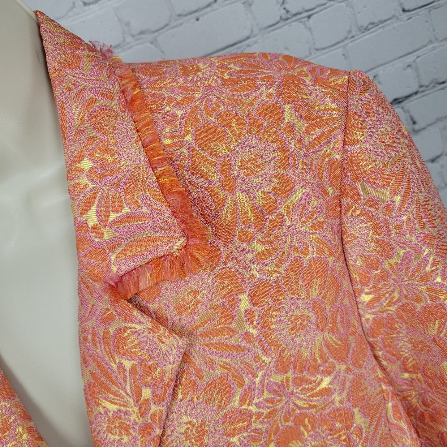 ECI New York Orange Floral 100% Silk Lined Rhinestone Snap Notch Jacket Size 14