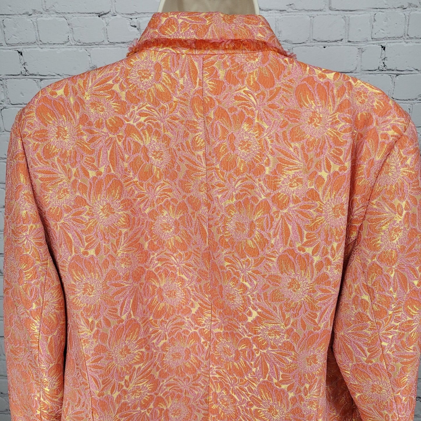ECI New York Orange Floral 100% Silk Lined Rhinestone Snap Notch Jacket Size 14
