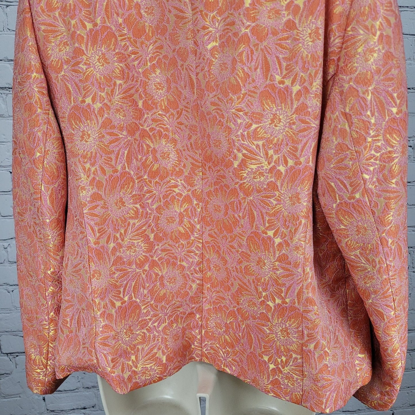 ECI New York Orange Floral 100% Silk Lined Rhinestone Snap Notch Jacket Size 14