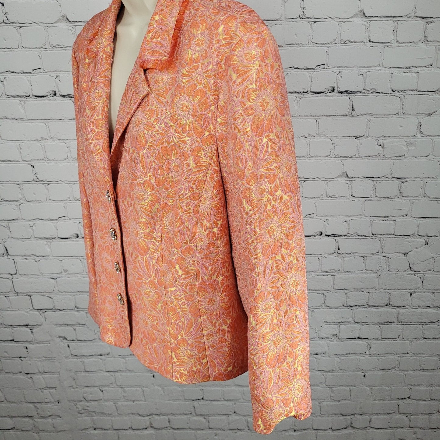 ECI New York Orange Floral 100% Silk Lined Rhinestone Snap Notch Jacket Size 14
