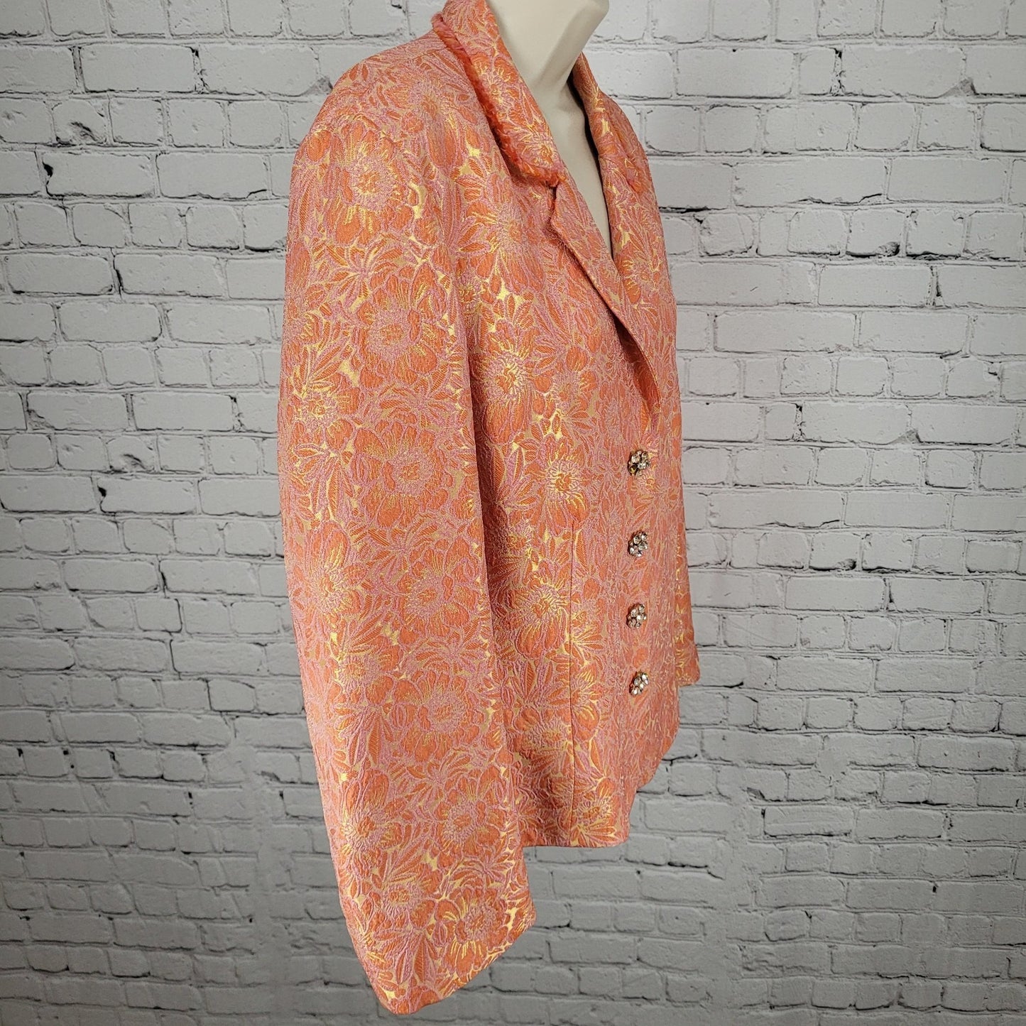 ECI New York Orange Floral 100% Silk Lined Rhinestone Snap Notch Jacket Size 14