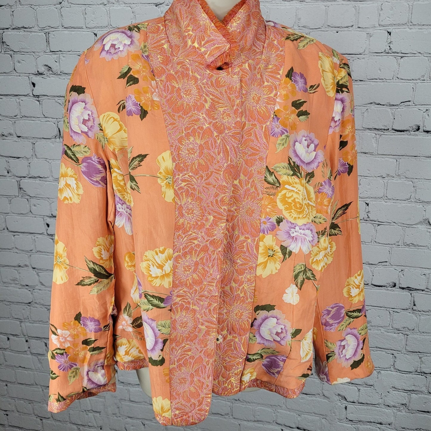 ECI New York Orange Floral 100% Silk Lined Rhinestone Snap Notch Jacket Size 14