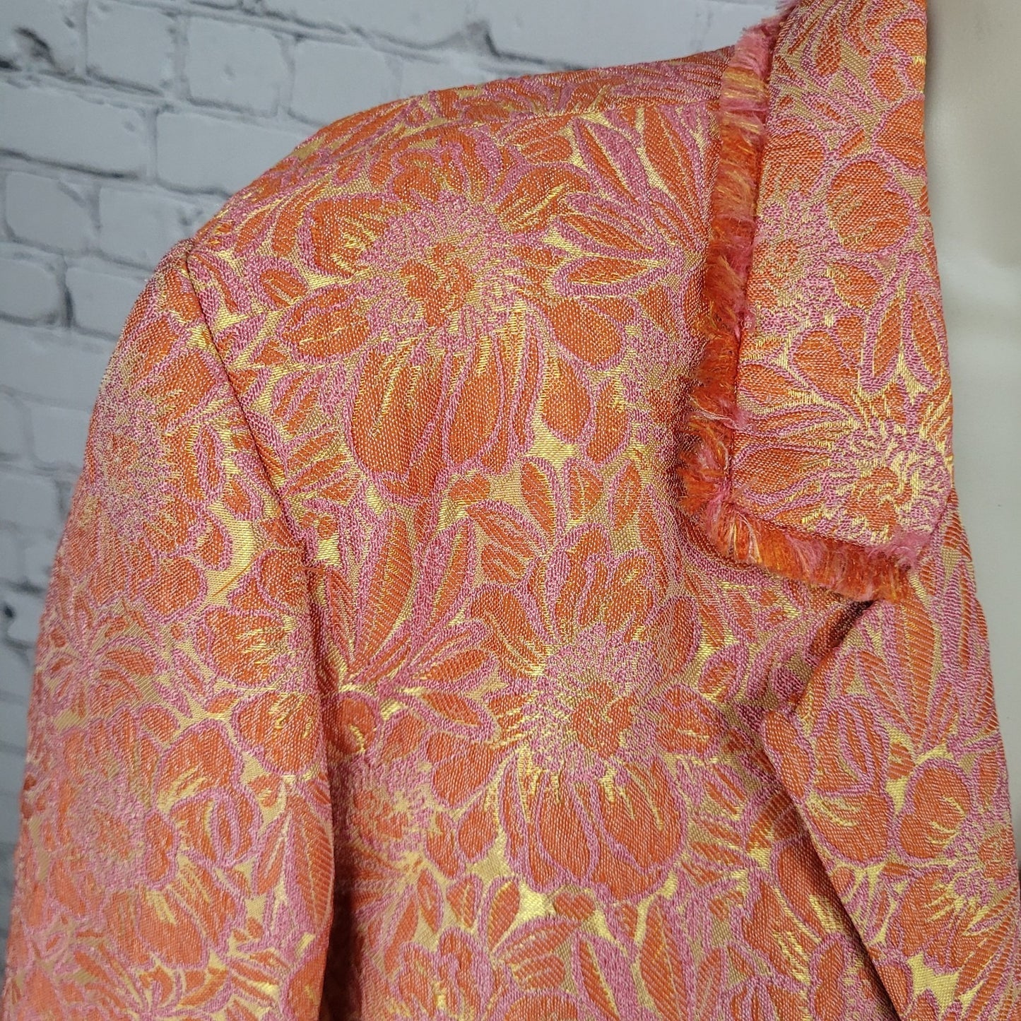 ECI New York Orange Floral 100% Silk Lined Rhinestone Snap Notch Jacket Size 14