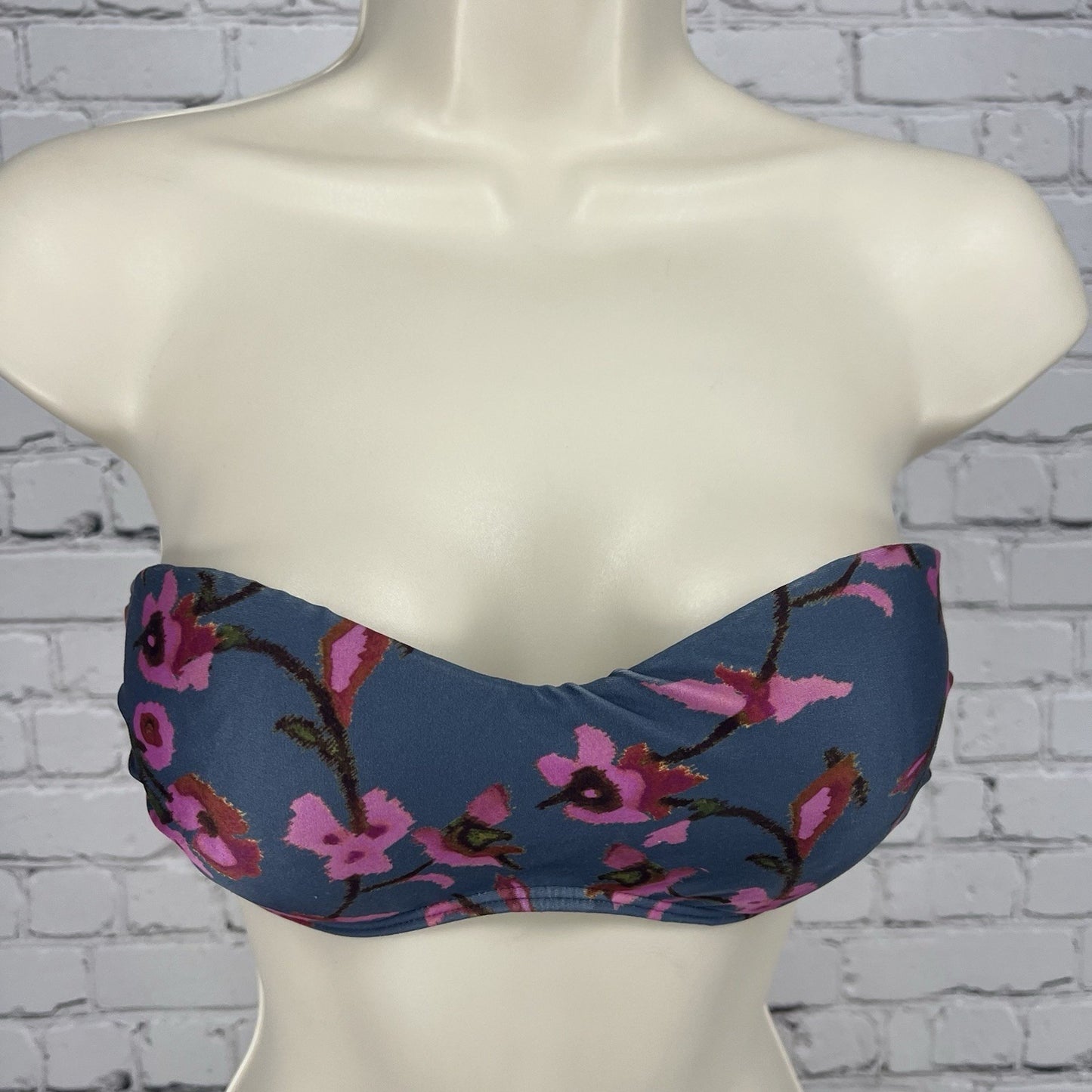 Vix Paula Hermanny Grey Blue Floral Strapless Bikini Top Tie Back Small S