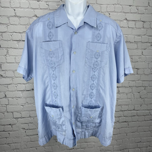 John Henry Blue Embroidered Guayabera Lightweight Button Short Sleeve Shirt XL