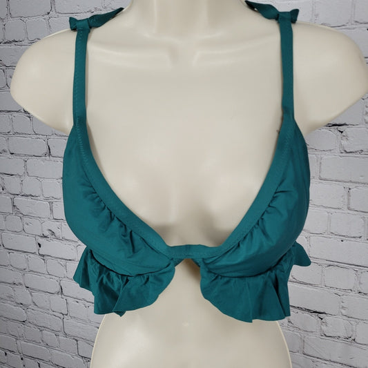 Shade & Shore Green Ruffle Padded Tie Cross Back Swimsuit Bikini Top Size Large