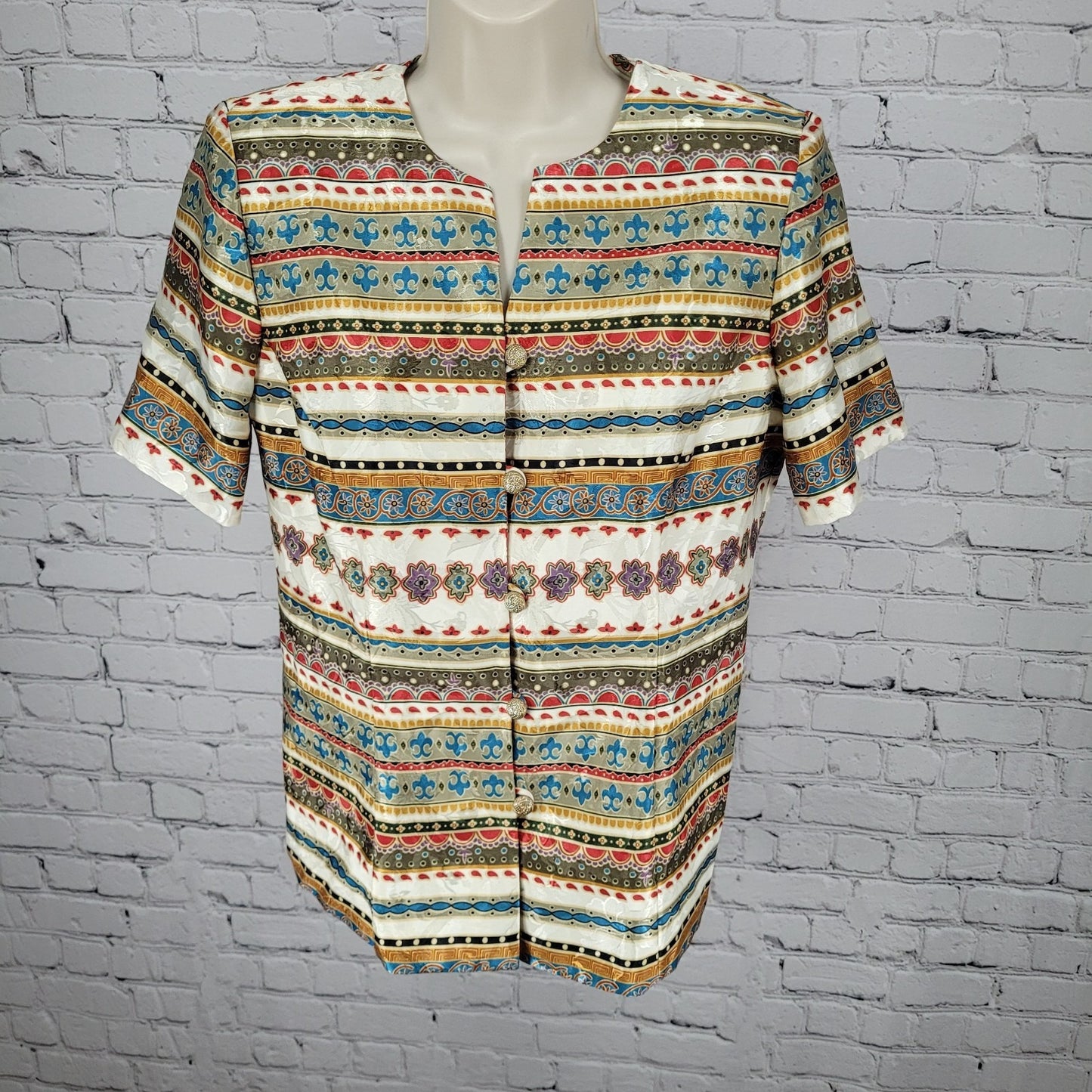 VTG Lady Carol Satin Multicolor Ornate Gold Button Top Blouse USA Made Size 8P