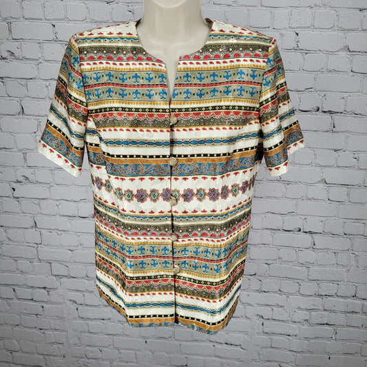 VTG Lady Carol Satin Multicolor Ornate Gold Button Top Blouse USA Made Size 8P