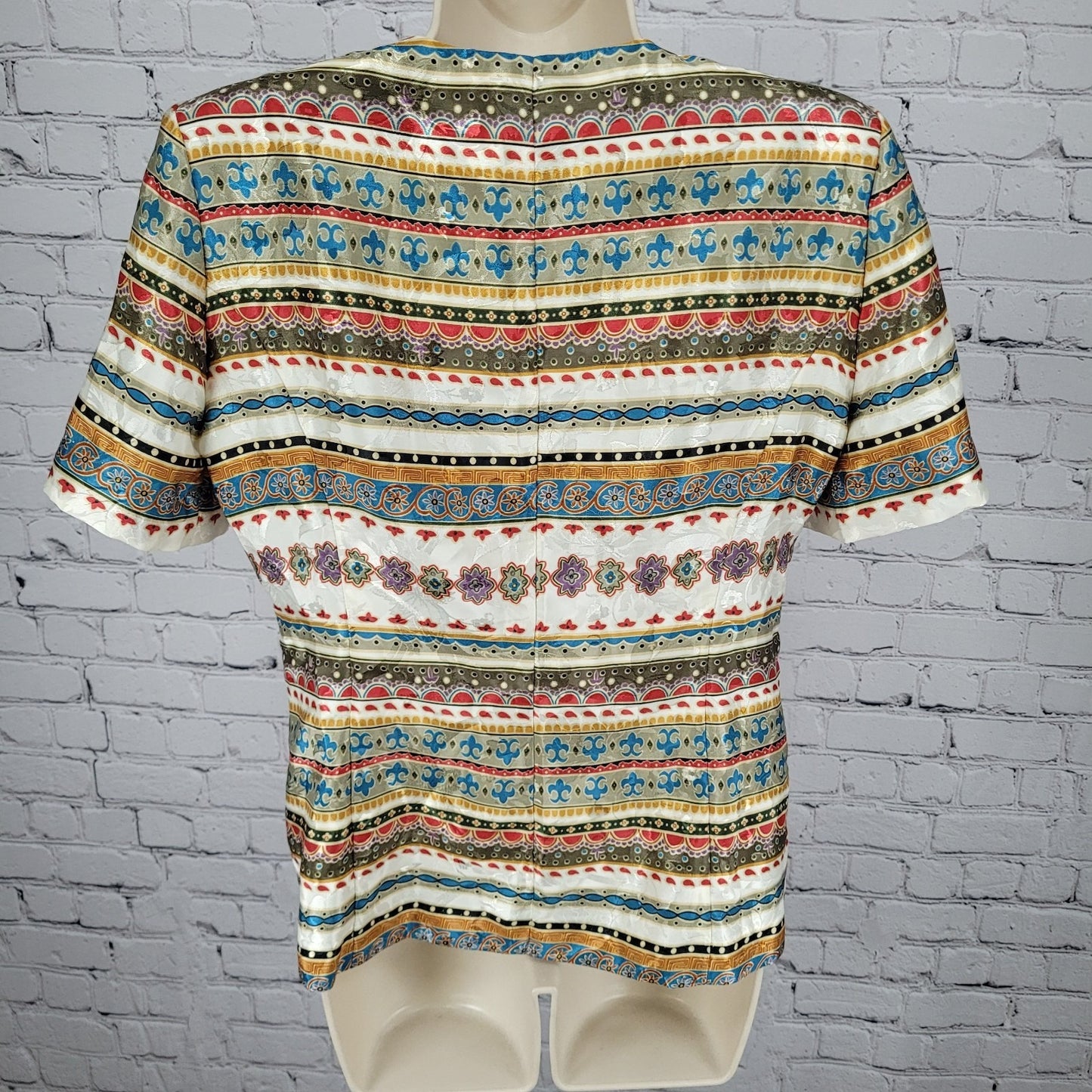 VTG Lady Carol Satin Multicolor Ornate Gold Button Top Blouse USA Made Size 8P