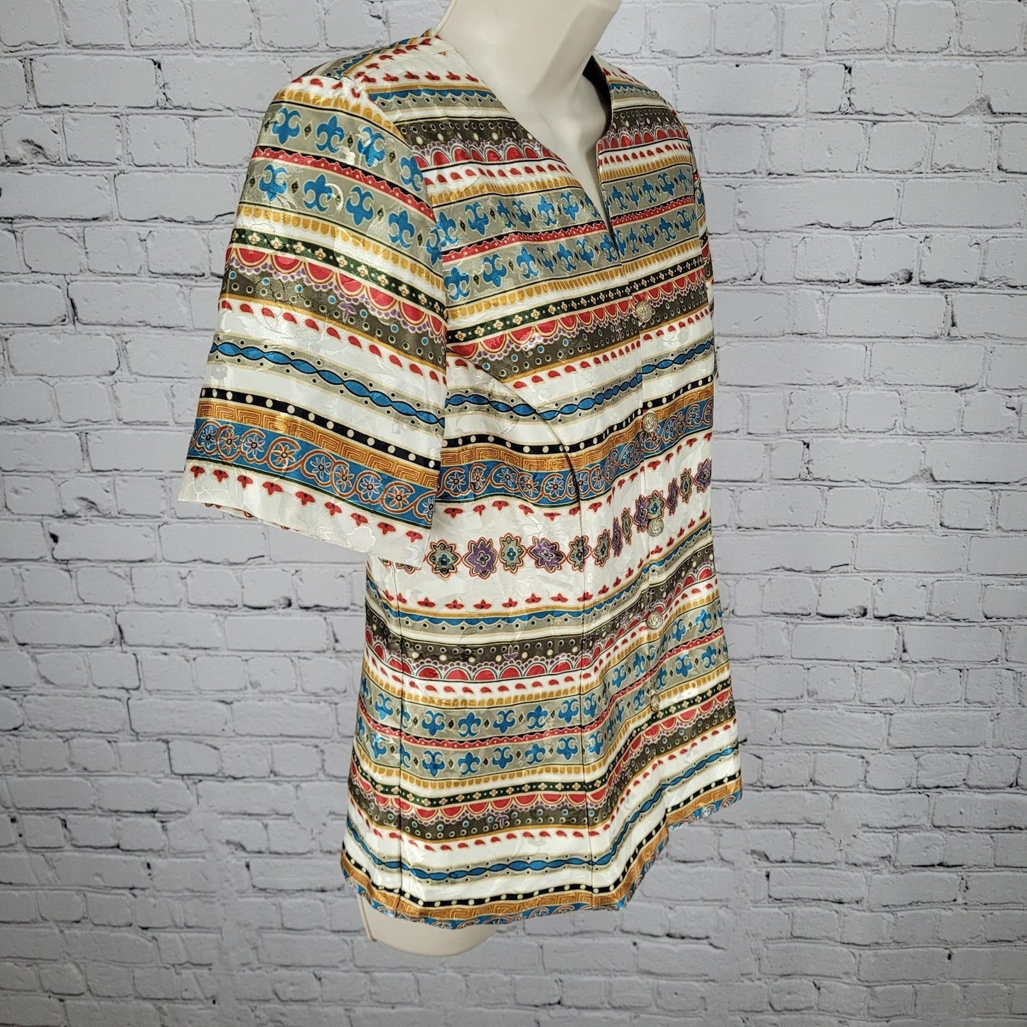 VTG Lady Carol Satin Multicolor Ornate Gold Button Top Blouse USA Made Size 8P