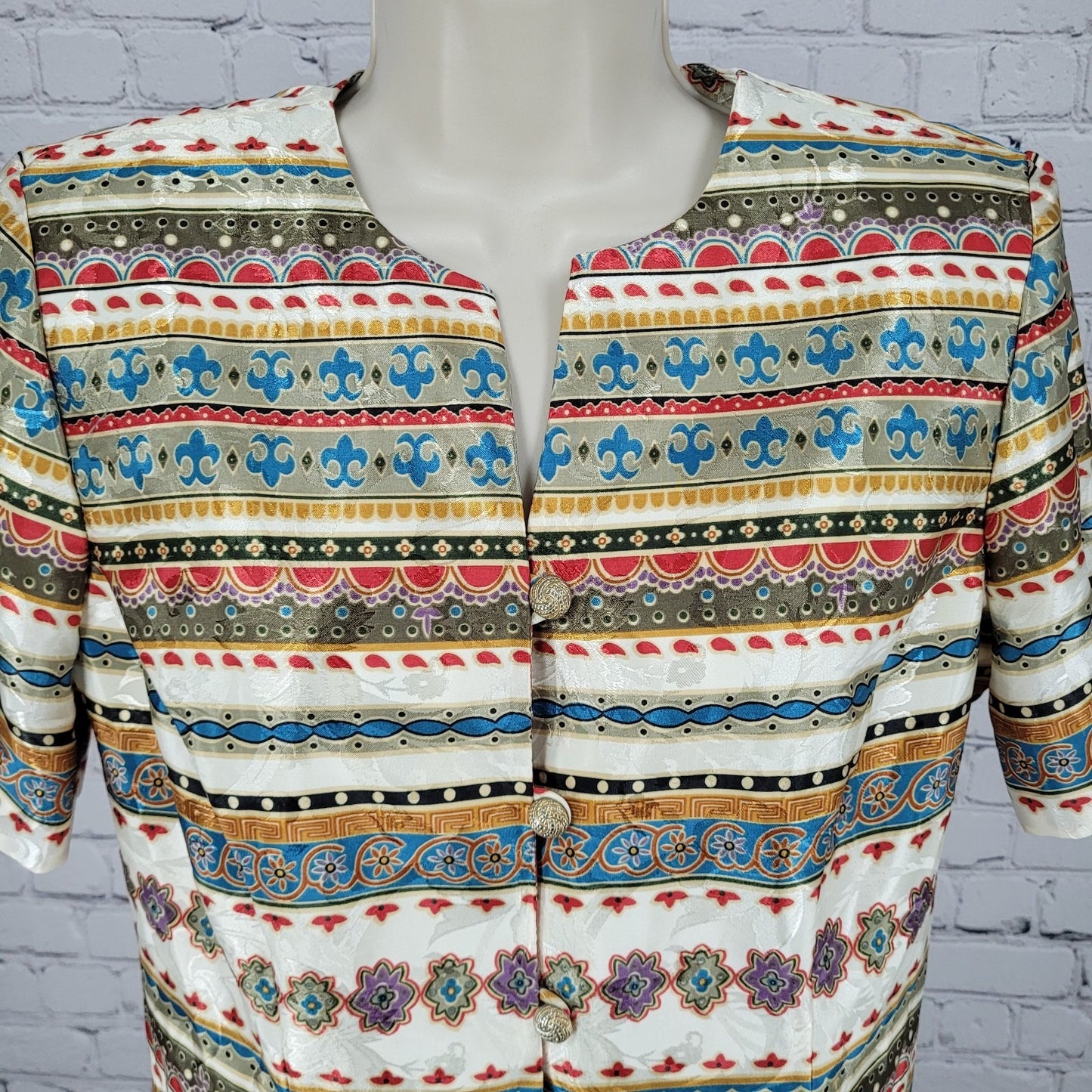 VTG Lady Carol Satin Multicolor Ornate Gold Button Top Blouse USA Made Size 8P