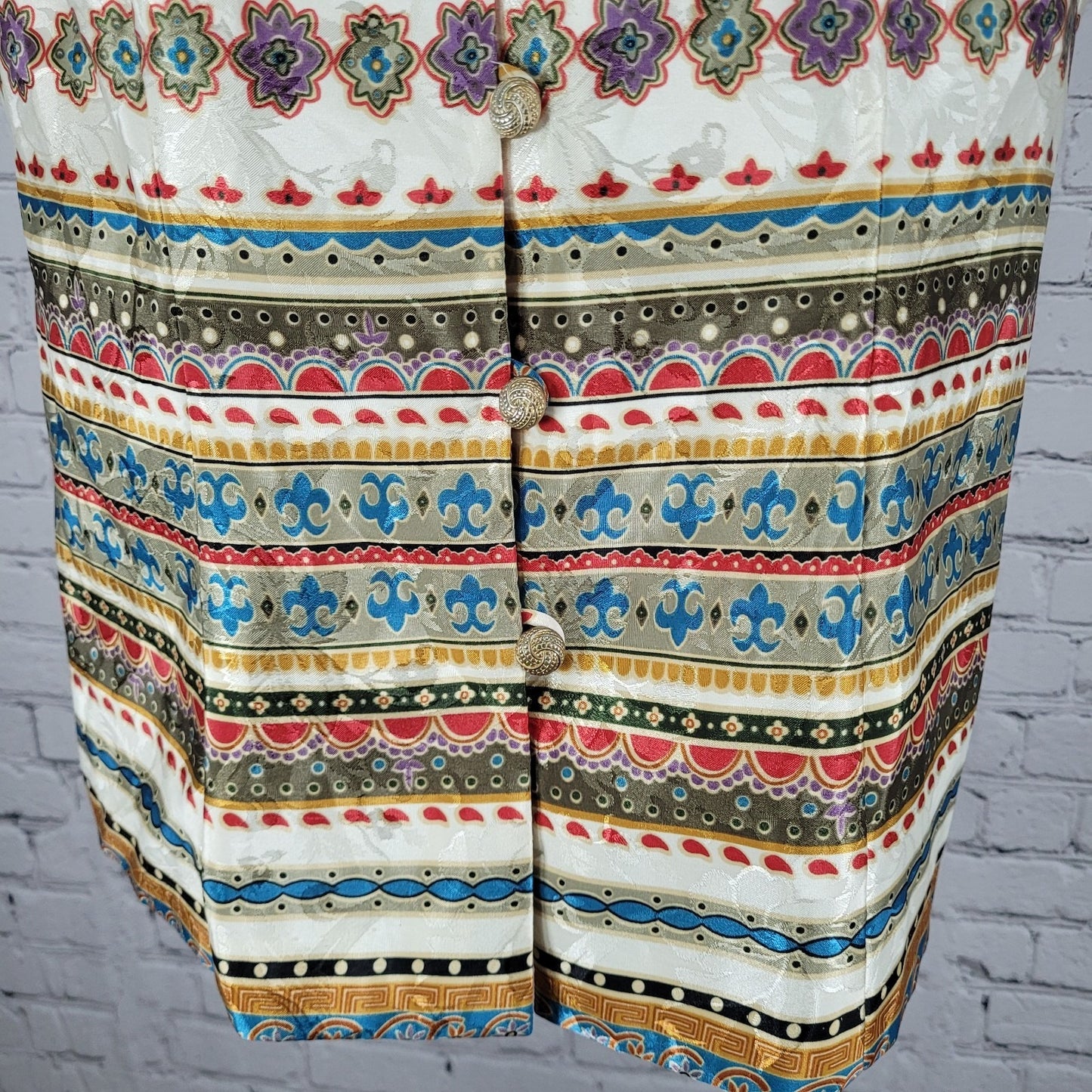 VTG Lady Carol Satin Multicolor Ornate Gold Button Top Blouse USA Made Size 8P