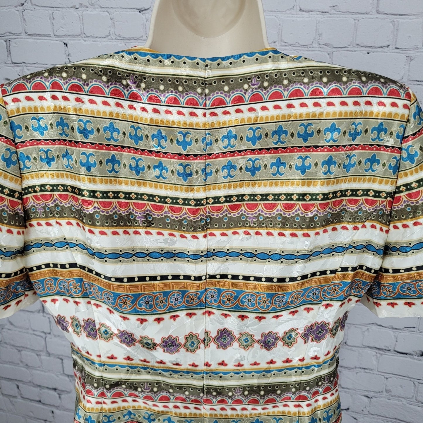 VTG Lady Carol Satin Multicolor Ornate Gold Button Top Blouse USA Made Size 8P