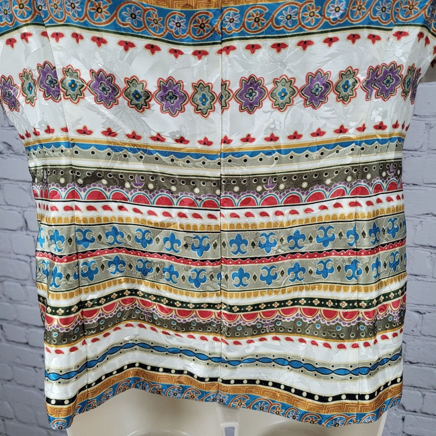 VTG Lady Carol Satin Multicolor Ornate Gold Button Top Blouse USA Made Size 8P