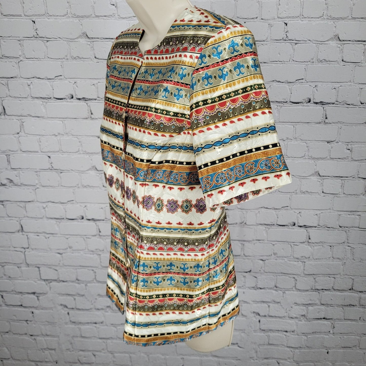 VTG Lady Carol Satin Multicolor Ornate Gold Button Top Blouse USA Made Size 8P