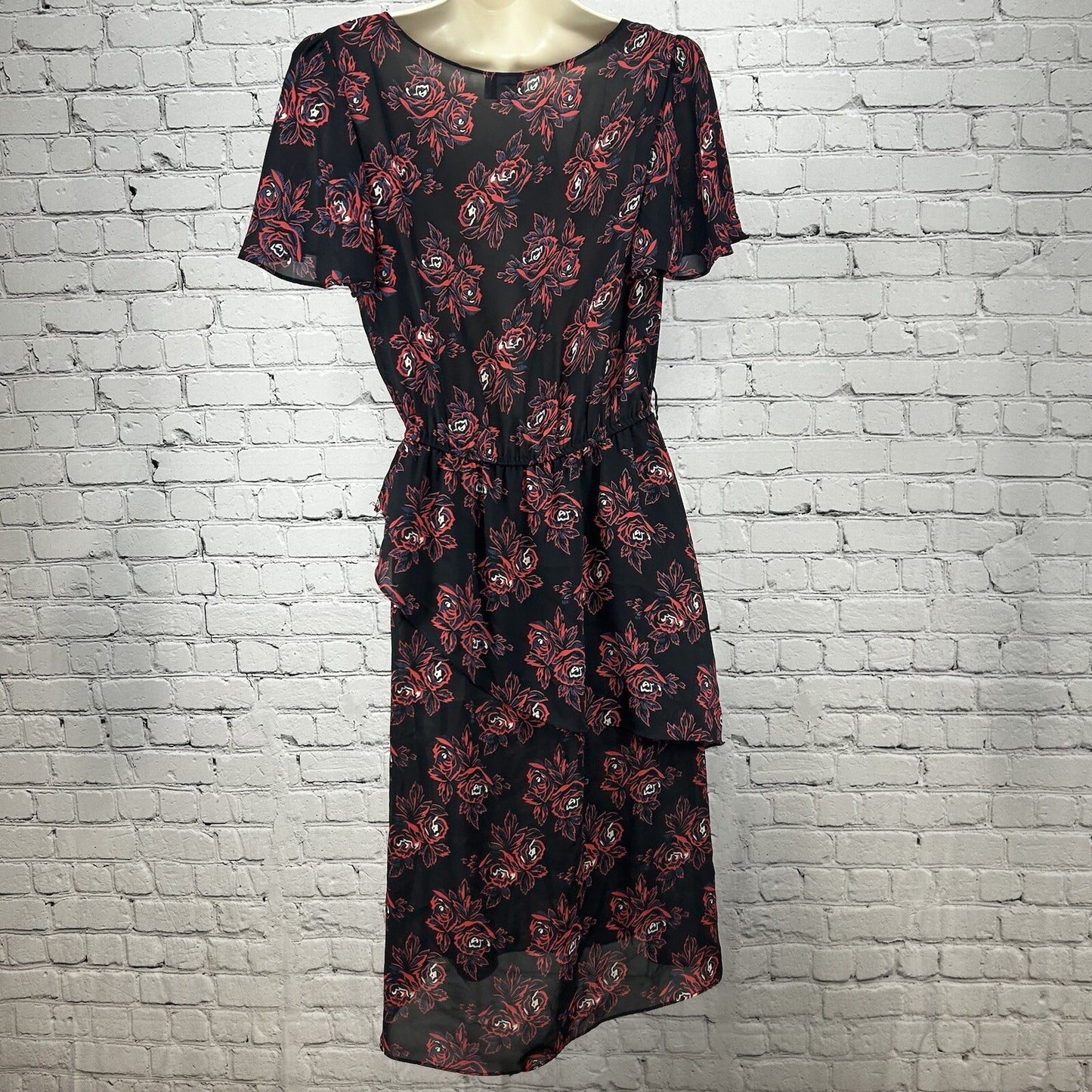 VTG Sheena Black Floral Elastic Waist Short Sleeve Midi Dress USA Size 11/12