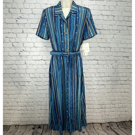 NWT Vintage Leslie Fay Navy Teal Blue Maxi Dress Button Up Flowy Collar Size 10