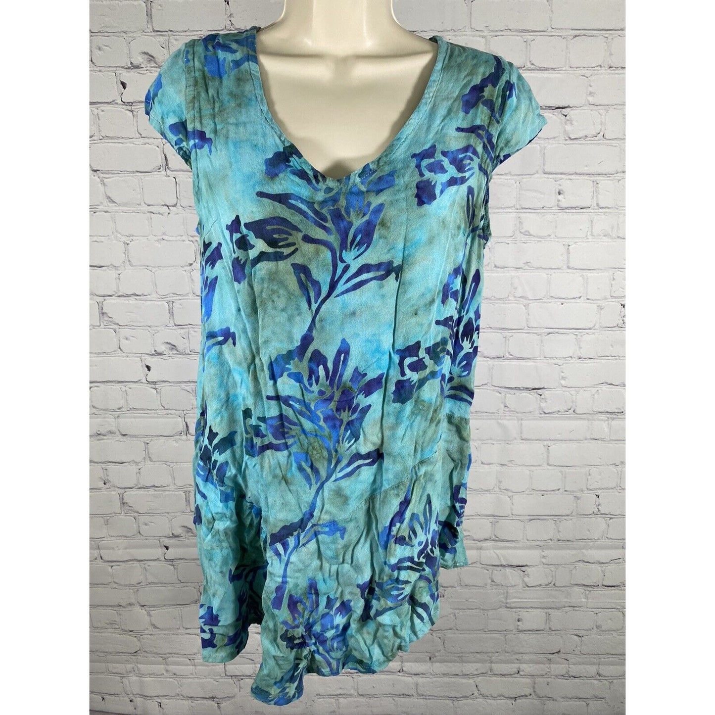 Soft Surroundings Short Cap Sleeve Blue Green Tie Dye Floral Casual Blouse XS