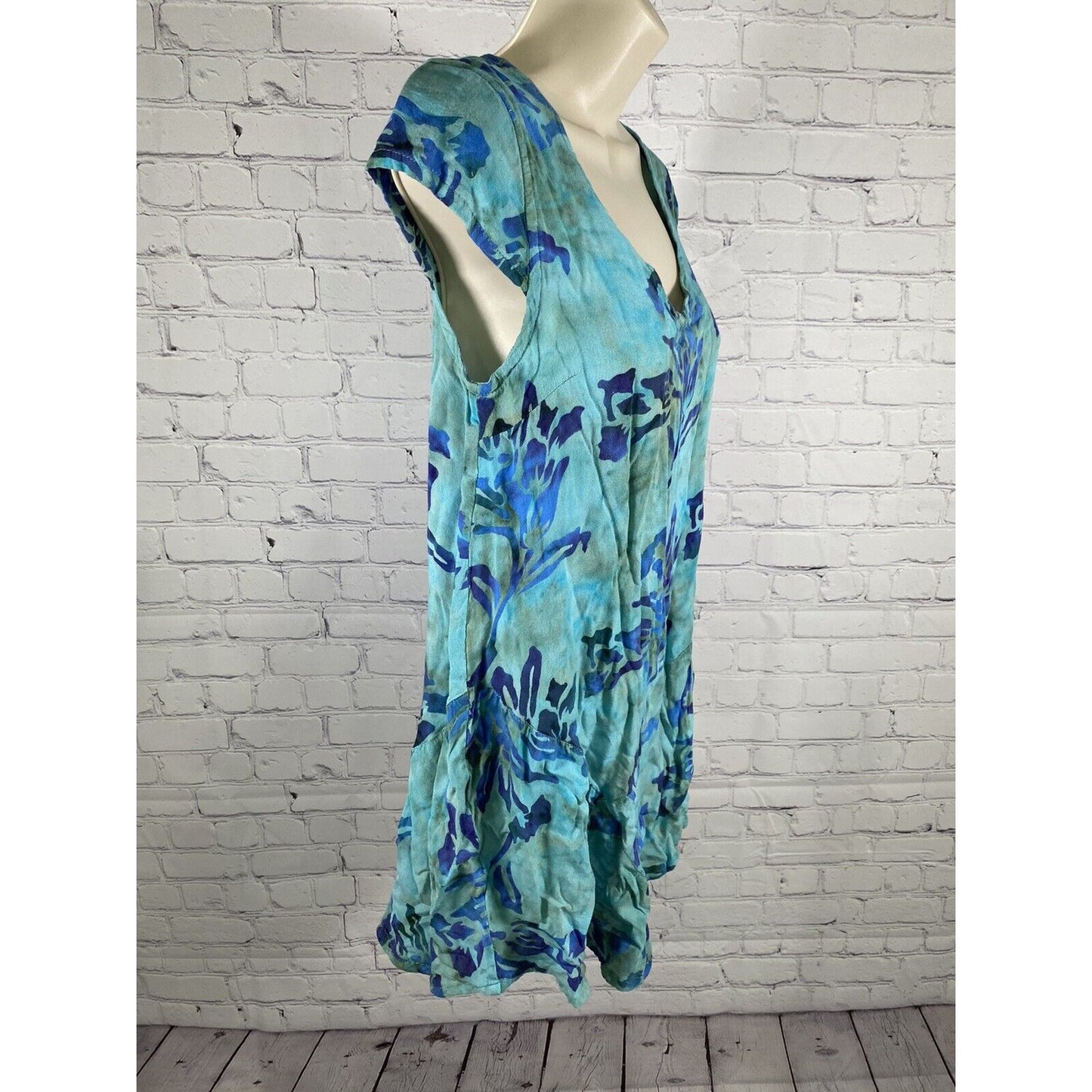 Soft Surroundings Short Cap Sleeve Blue Green Tie Dye Floral Casual Blouse XS