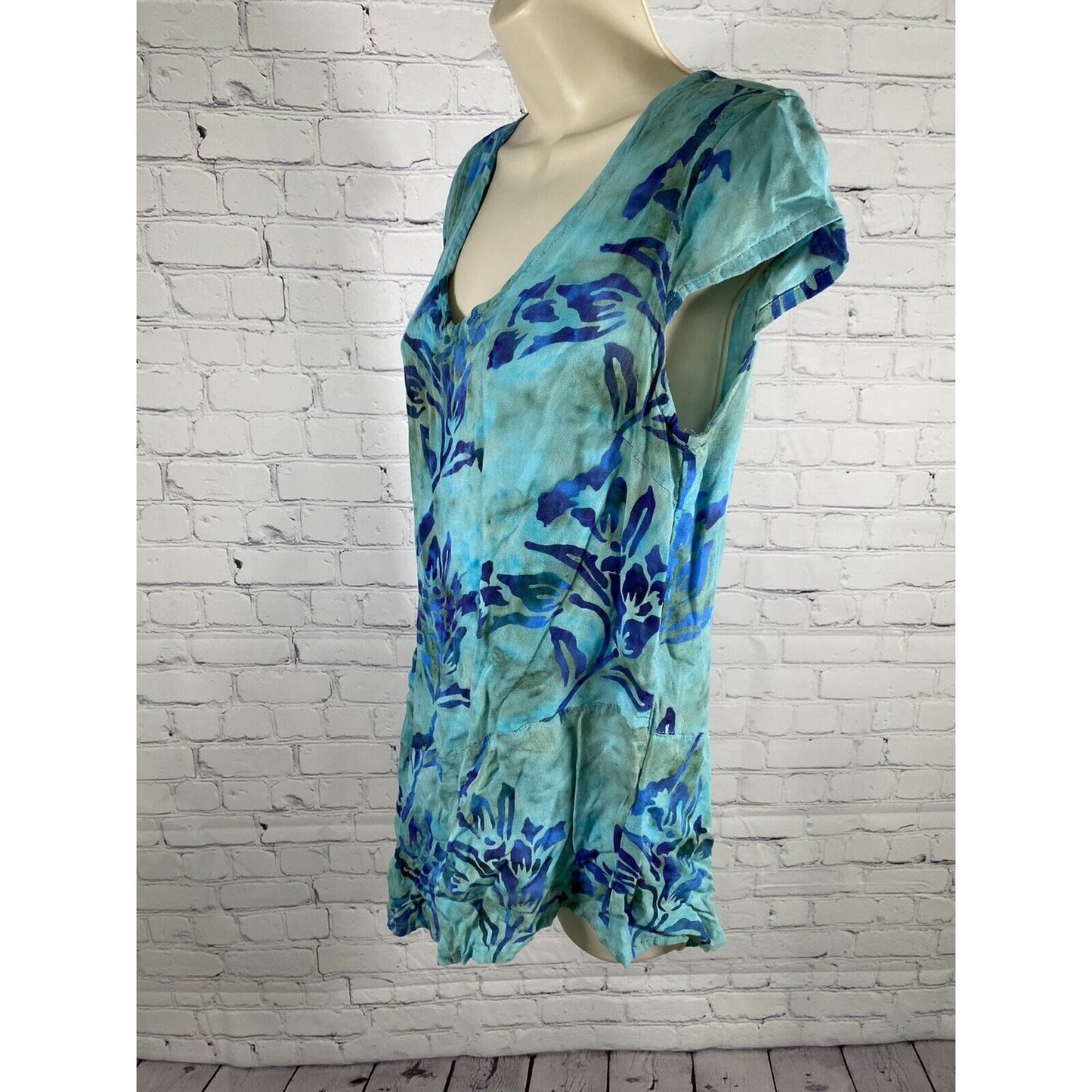 Soft Surroundings Short Cap Sleeve Blue Green Tie Dye Floral Casual Blouse XS