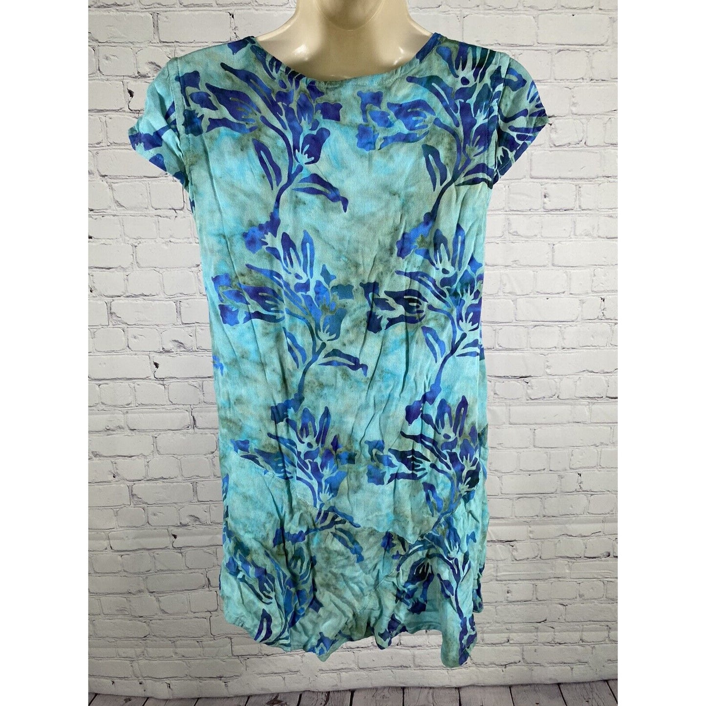Soft Surroundings Short Cap Sleeve Blue Green Tie Dye Floral Casual Blouse XS