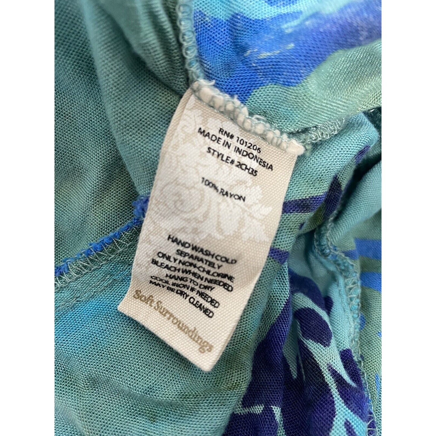 Soft Surroundings Short Cap Sleeve Blue Green Tie Dye Floral Casual Blouse XS