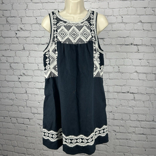 Madewell Blue White Aztec Embroidered Sleeveless Midi Shift Dress Size Small S