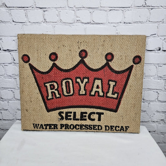 Royal Decaf Coffee Authentic Burlap Sack Wrapped Canvas Wood Framed Art 16 X 20