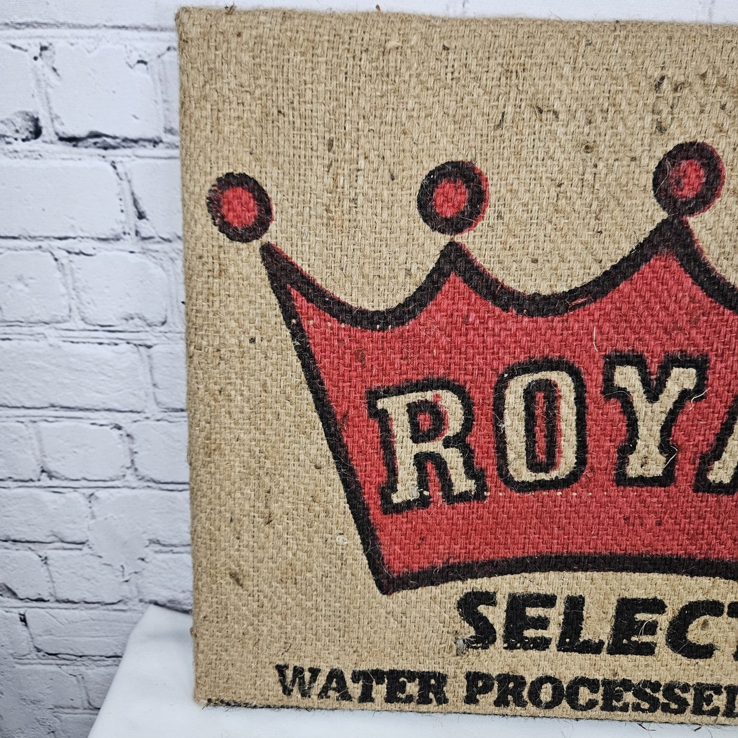 Royal Decaf Coffee Authentic Burlap Sack Wrapped Canvas Wood Framed Art 16 X 20