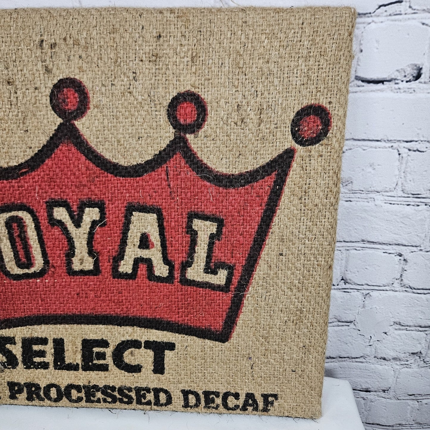 Royal Decaf Coffee Authentic Burlap Sack Wrapped Canvas Wood Framed Art 16 X 20