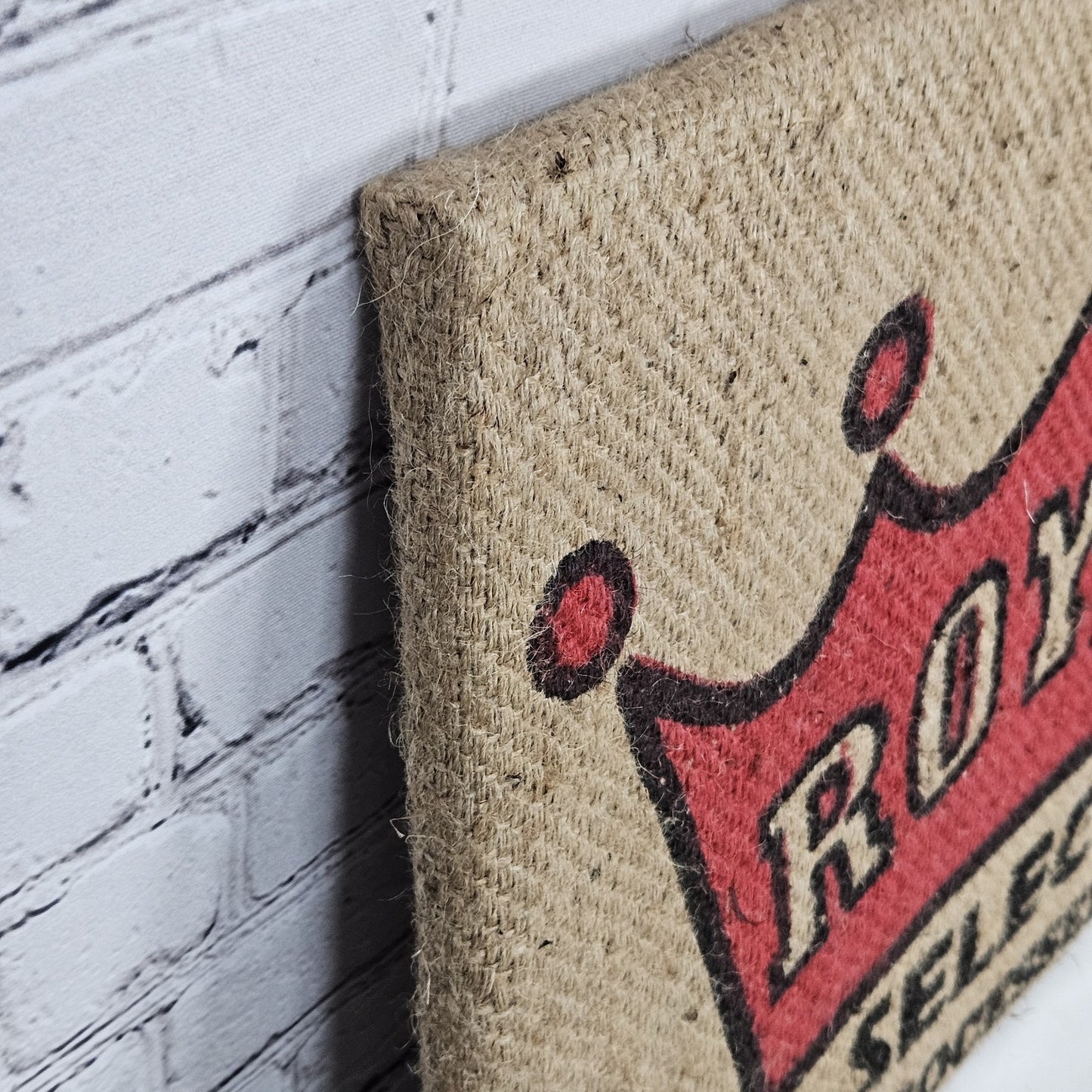 Royal Decaf Coffee Authentic Burlap Sack Wrapped Canvas Wood Framed Art 16 X 20