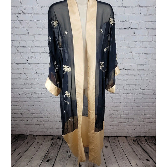VTG Victoria's Secret Navy & Gold Sheer Embroidered Floral Robe Size Small S