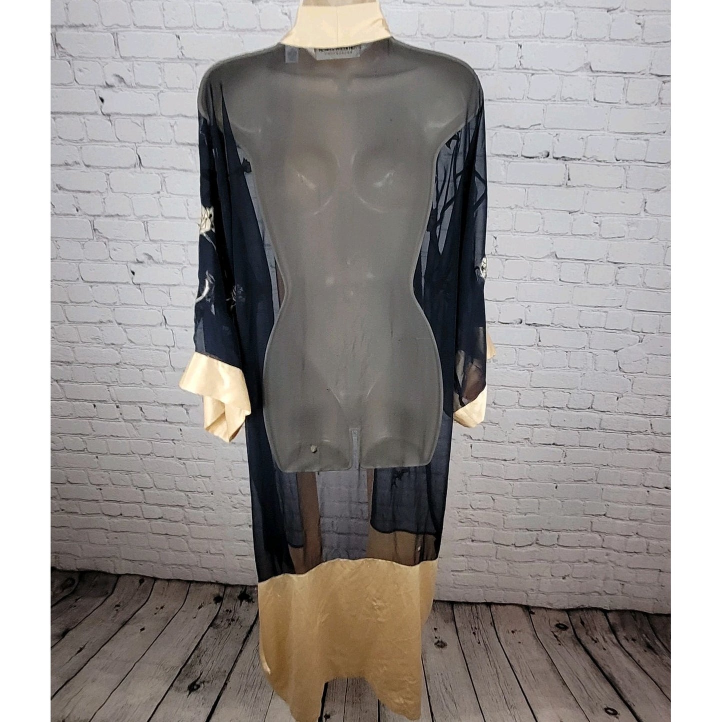 VTG Victoria's Secret Navy & Gold Sheer Embroidered Floral Robe Size Small S