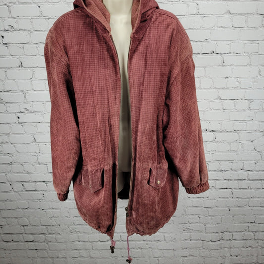 VTG Preston & York Red Genuine Suede Houndstooth Hooded Zip Jacket Large *zipper