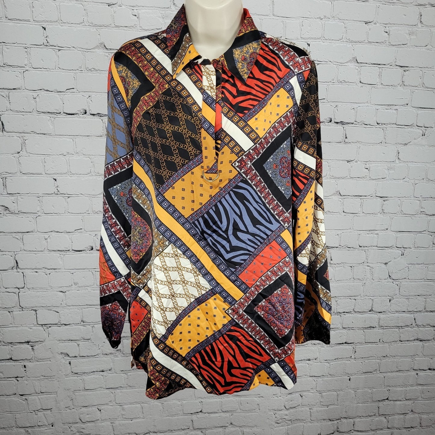 NWT Marc New York Multicolor Satin Long Sleeve Collared Blouse Top Size Medium M