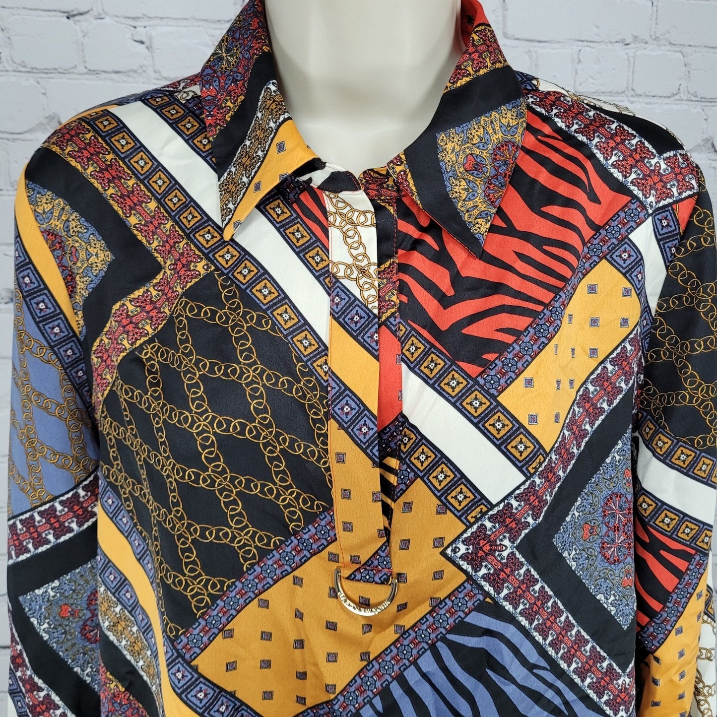 NWT Marc New York Multicolor Satin Long Sleeve Collared Blouse Top Size Medium M