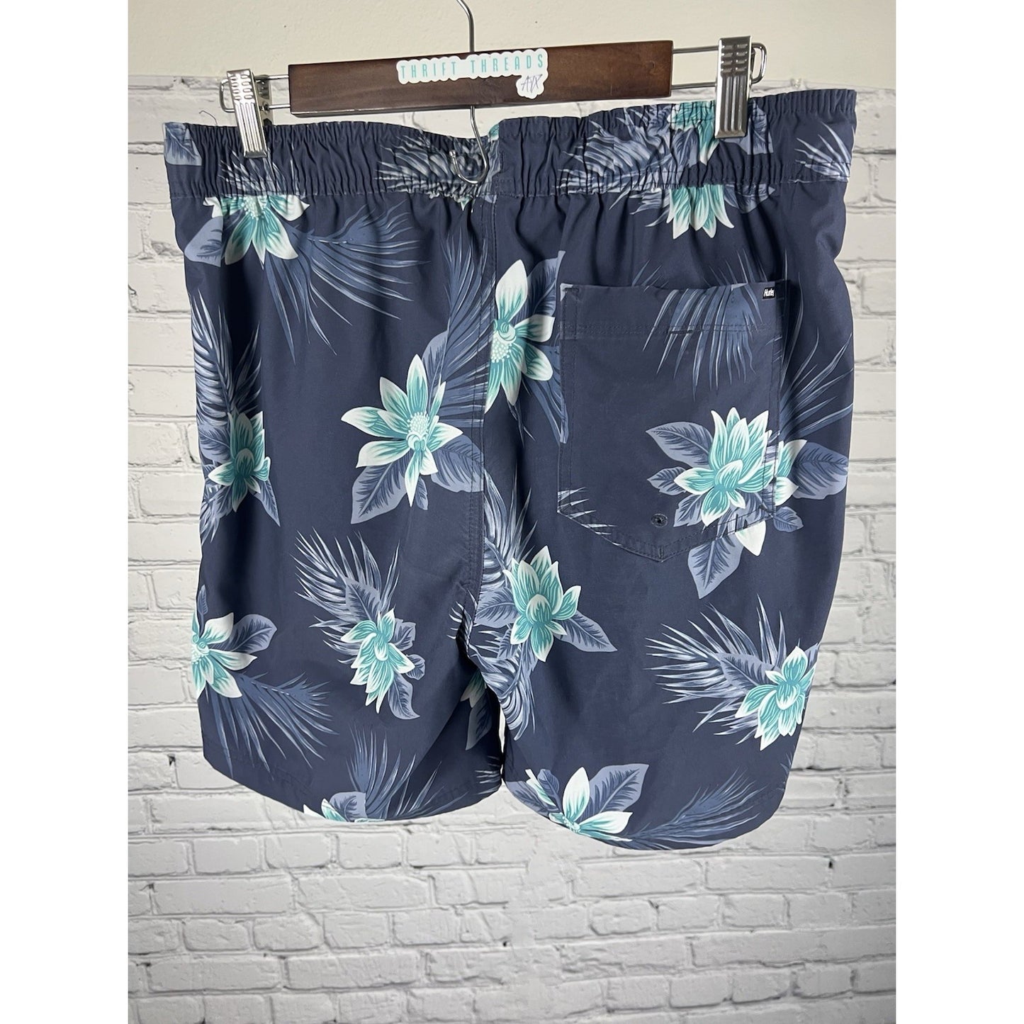 Hurley Blue Floral Pocket Drawstring Board Shorts Swim Trunks Lined Large L