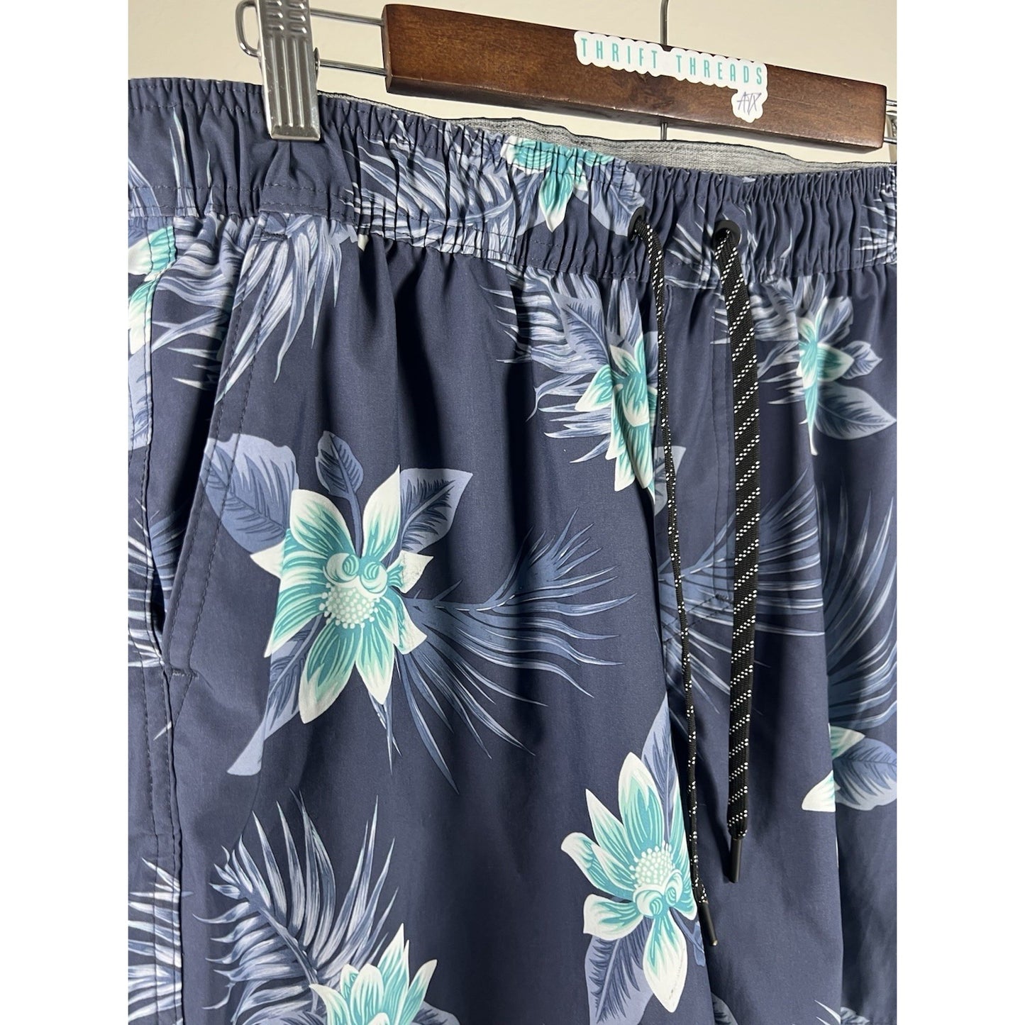 Hurley Blue Floral Pocket Drawstring Board Shorts Swim Trunks Lined Large L