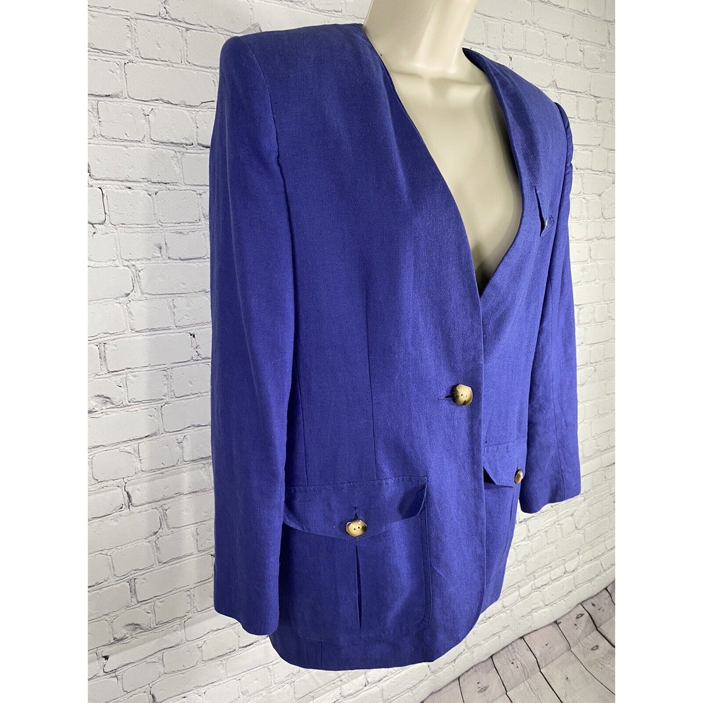 VTG SK & Company Petite Linen Cotton Blend Royal Blue Single Button Blazer 8
