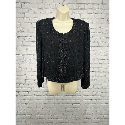 VTG Sténay 100% Silk Black Hook & Eye Closure Beaded Long Sleeve Jacket L