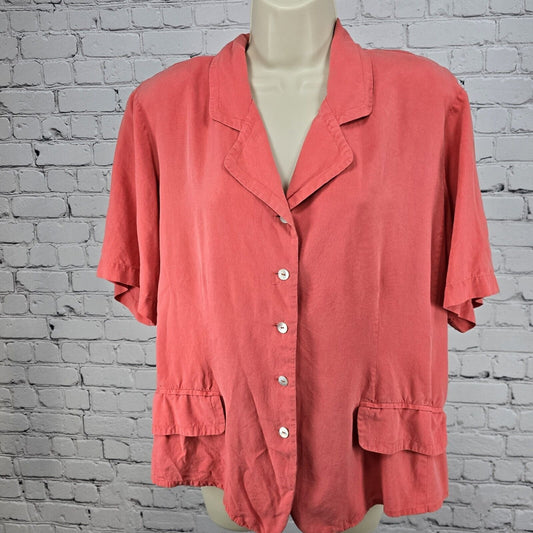 VTG Worthington 100% Silk Coral Blouse  Faux Pockets & Pearl Buttons Size 18W