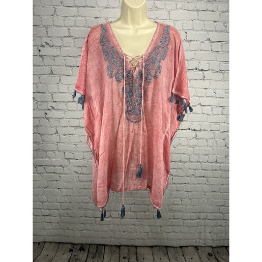 Shiraleah Embroidered Kimono Lightweight Coverup Blouse Blue Pink Tasseled O/S