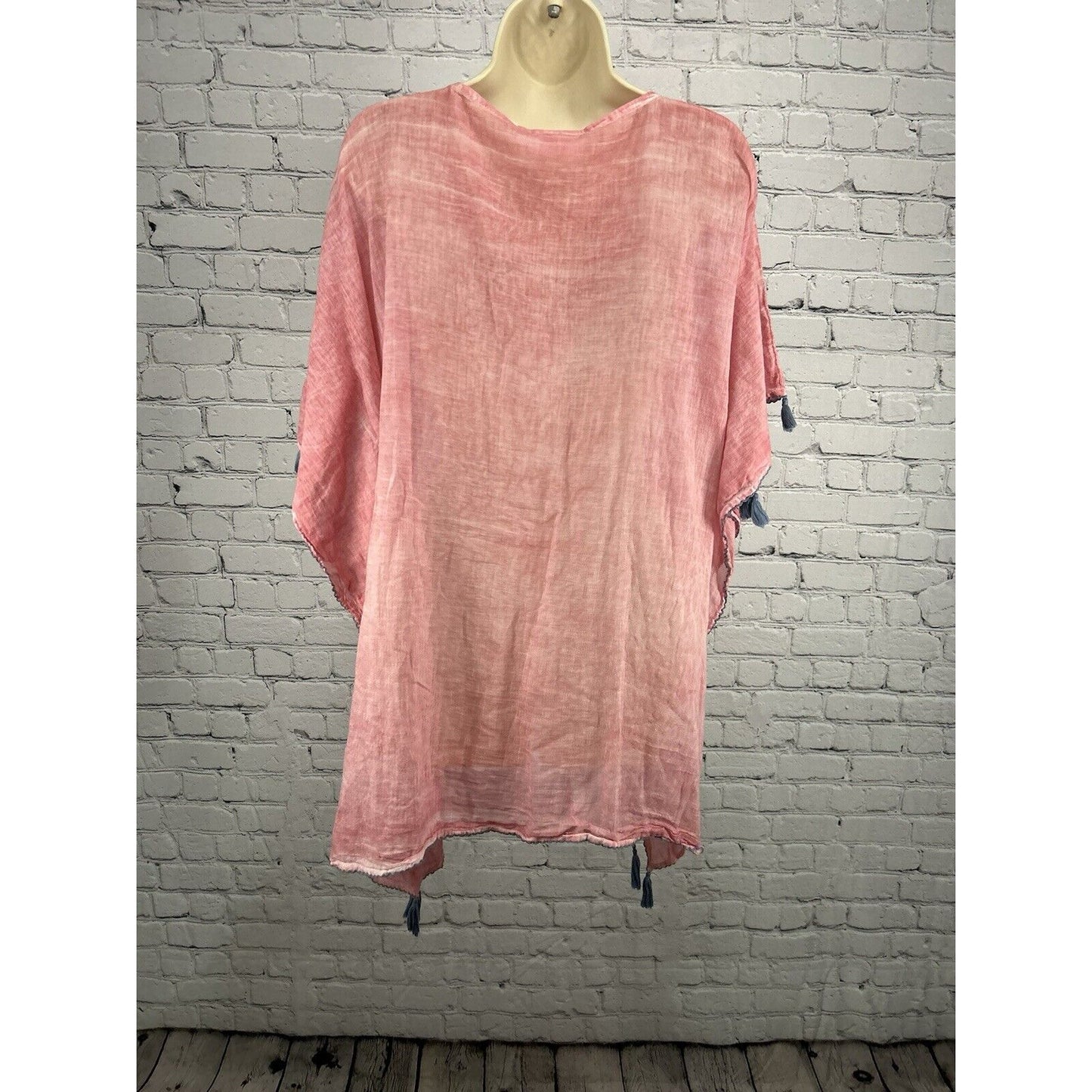 Shiraleah Embroidered Kimono Lightweight Coverup Blouse Blue Pink Tasseled O/S
