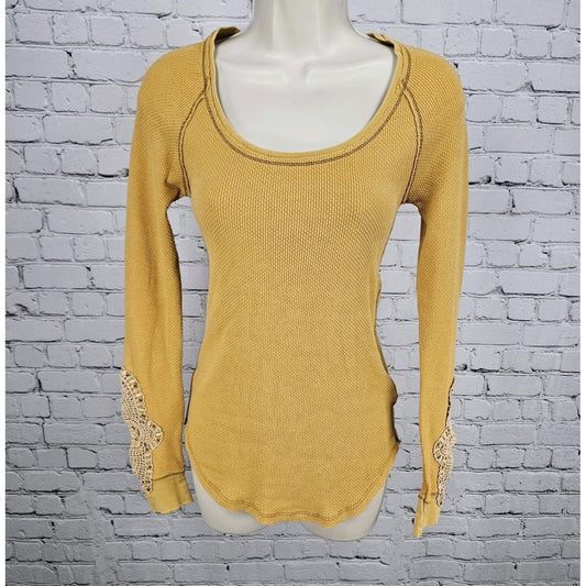 Free People We The Free Yellow Thermal Waffle Knit Crochet Sleeve Top Medium M