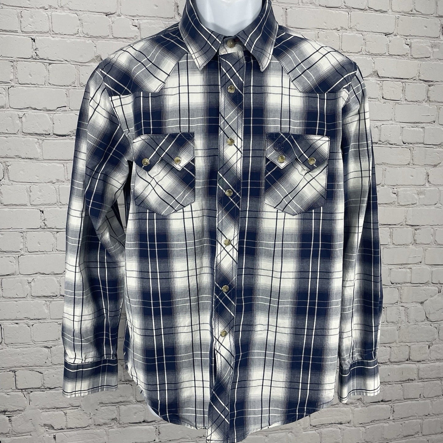VTG Wrangler Blue Plaid American Cowboys Choose Wrangler Pearl Snap Shirt Medium