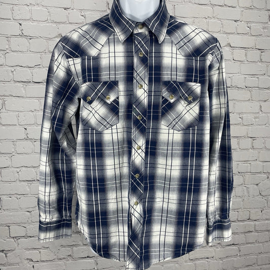 VTG Wrangler Blue Plaid American Cowboys Choose Wrangler Pearl Snap Shirt Medium