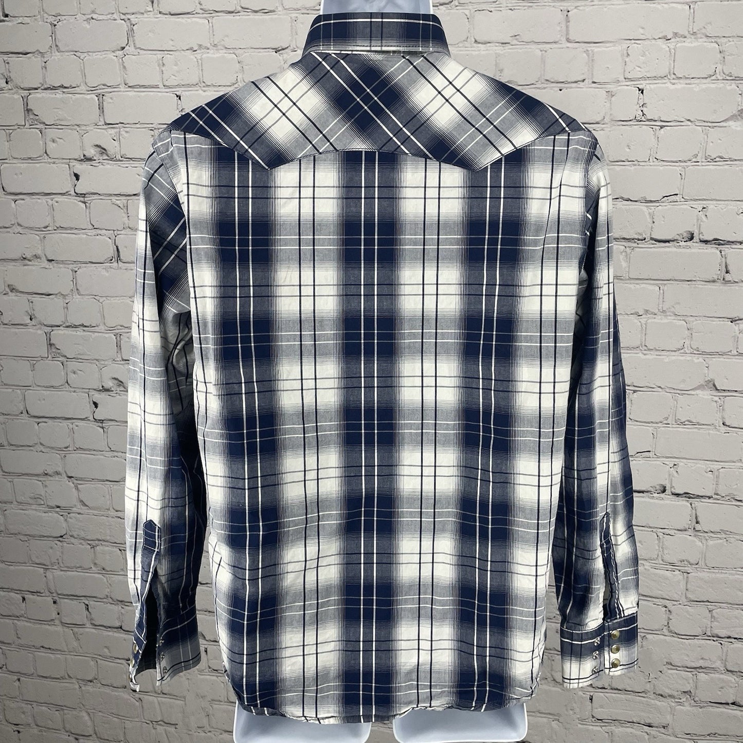 VTG Wrangler Blue Plaid American Cowboys Choose Wrangler Pearl Snap Shirt Medium