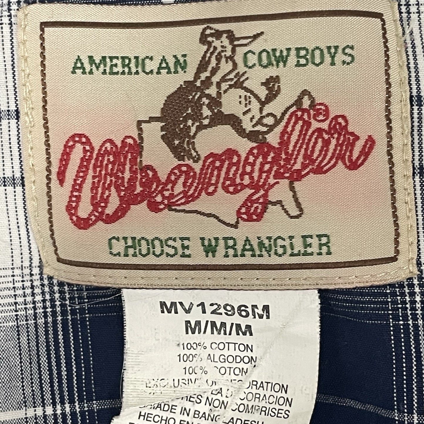 VTG Wrangler Blue Plaid American Cowboys Choose Wrangler Pearl Snap Shirt Medium