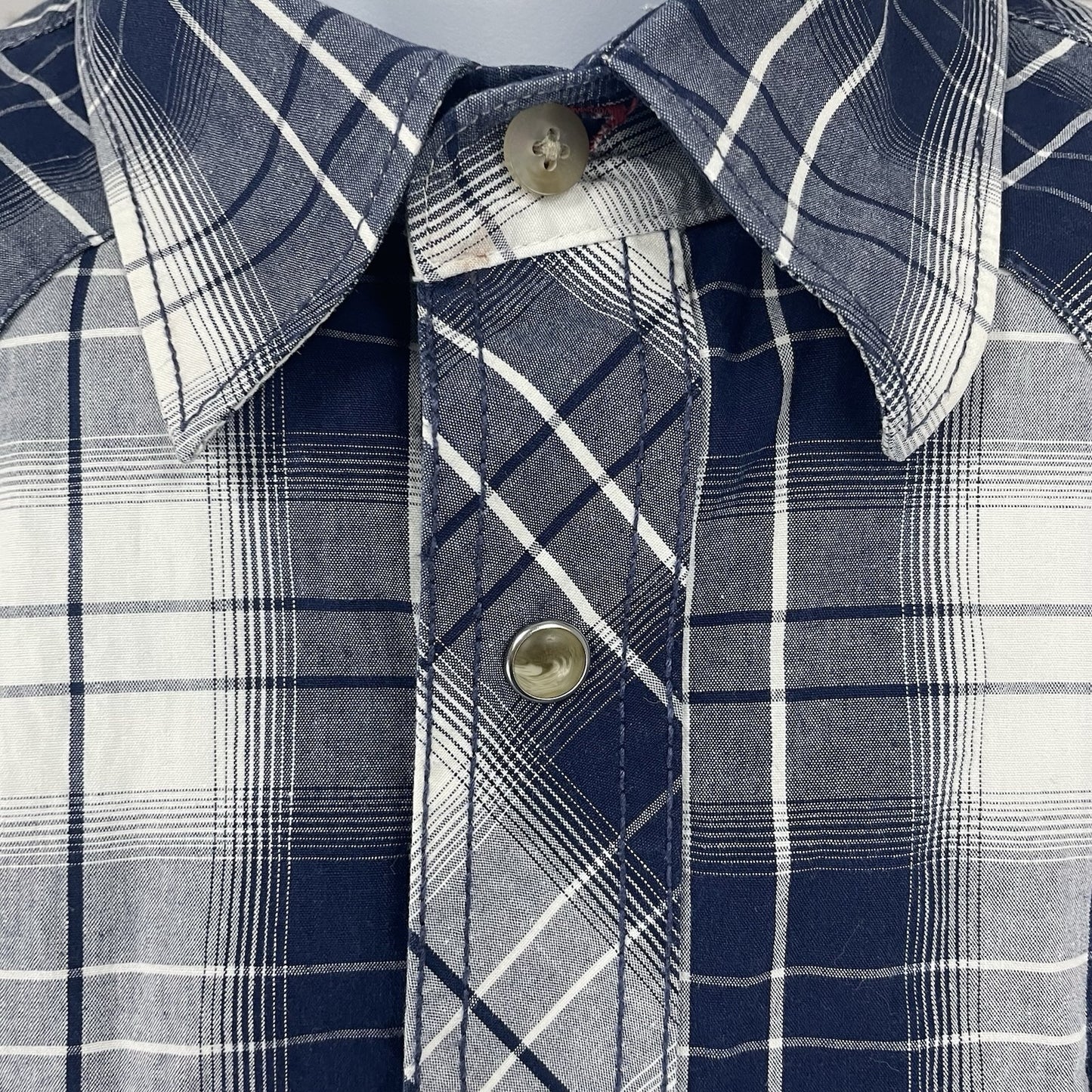 VTG Wrangler Blue Plaid American Cowboys Choose Wrangler Pearl Snap Shirt Medium