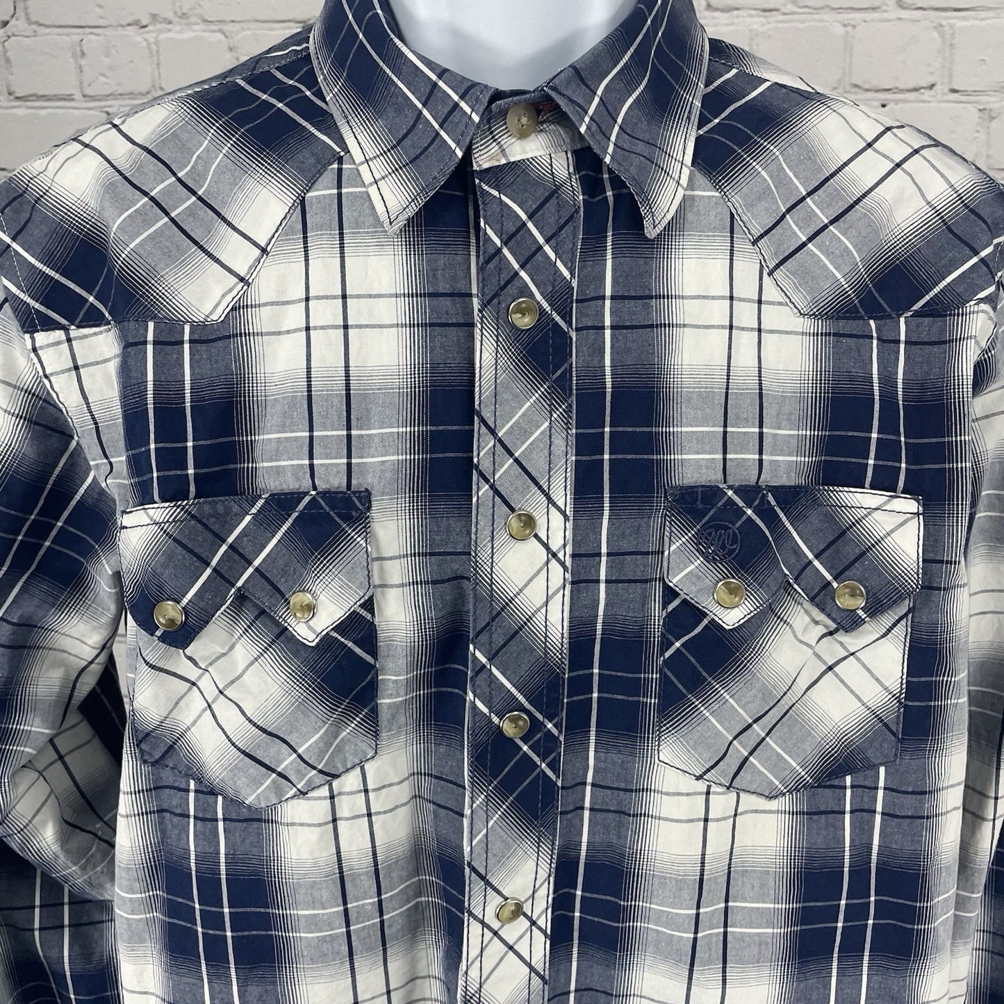 VTG Wrangler Blue Plaid American Cowboys Choose Wrangler Pearl Snap Shirt Medium